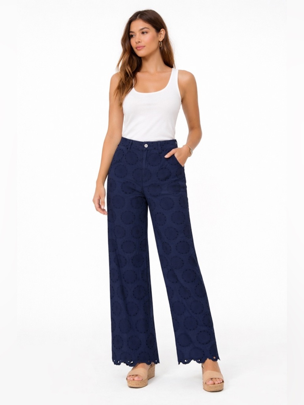 SUNDANCE Navy Blue Eyelet Cutwork Embroidered Cotton Wide Leg Pants Boho 16 - Picture 8 of 8